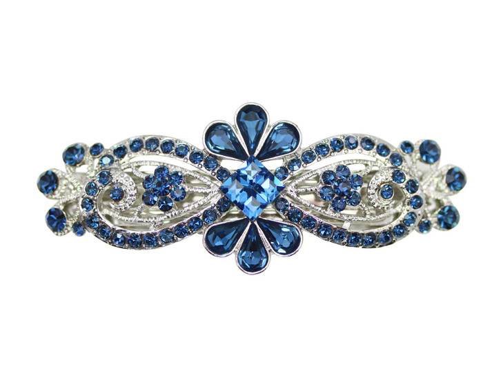 Faship Gorgeous Navy Blue Rhinestone Crystal Floral Hair Barrette Clip