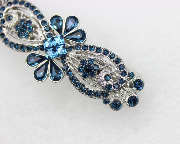Faship Gorgeous Navy Blue Rhinestone Crystal Floral Hair Barrette Clip