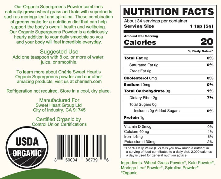 Cherie Sweet Heart Supergreens Powder - Green Superfood - Organic Greens Powder Super Greens - Smoothie Powder - Superfood Powder - Powdered Greens -