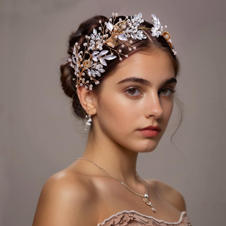 LOVFOIVER Rhinestone Wedding Headband Handmade Leaf Crystal Bridal Headpieces for Wedding Hair Accessories for Brides an