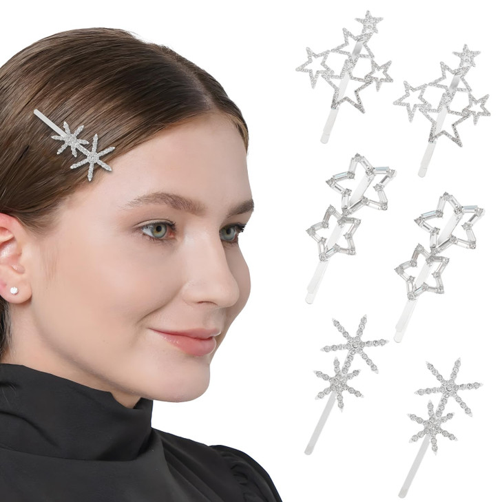 VinBee 6Pcs Star Hair Clips Pins Silver Rhinestone Star Hair Barrettes Crystal Rhinestone Hair Clips for Women Girls Hai