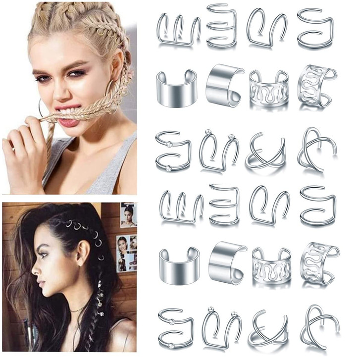 24 Pcs Silver Hair Braids Dreadlock NonPiercing Ear Clip Beard Beads Cuffs Clip Hair for Women Men Hair Accessories Styl