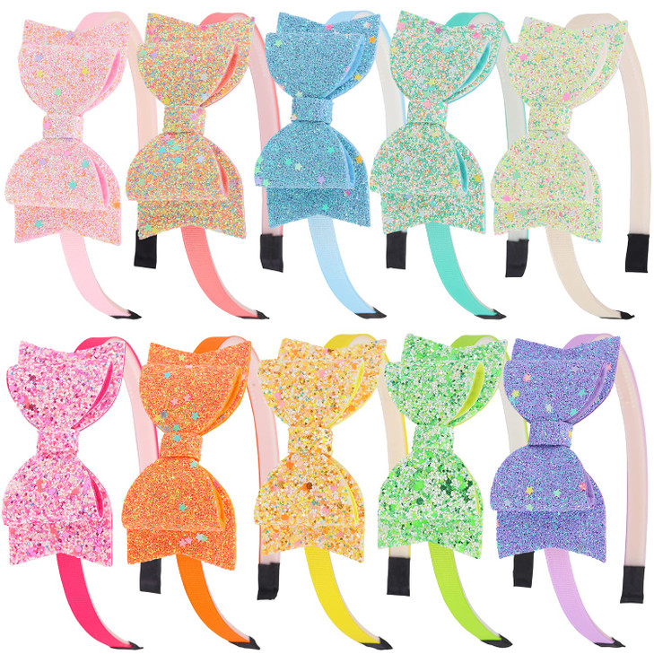 XIMA Bows Headbands For GirlsKids Headbands 35 inch Sequin Glitter Hairband With Bow Little Girls Hair BandsPack of 10