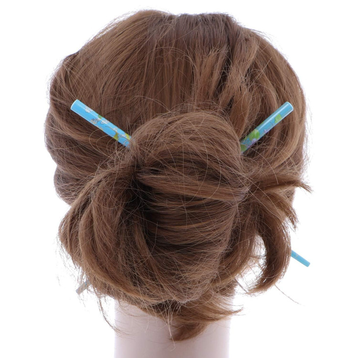 Set of Two Wooden Hair Sticks With Flowers Hair Pin Chopsticks for Women 7 inches Long Light Blue