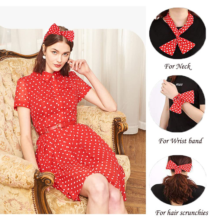 AHONEY 4 Pack Bandanas For Women Wire Headband Retro Bowknot Polka Dot Wire Hair Holders Red Hairband 4 Pieces