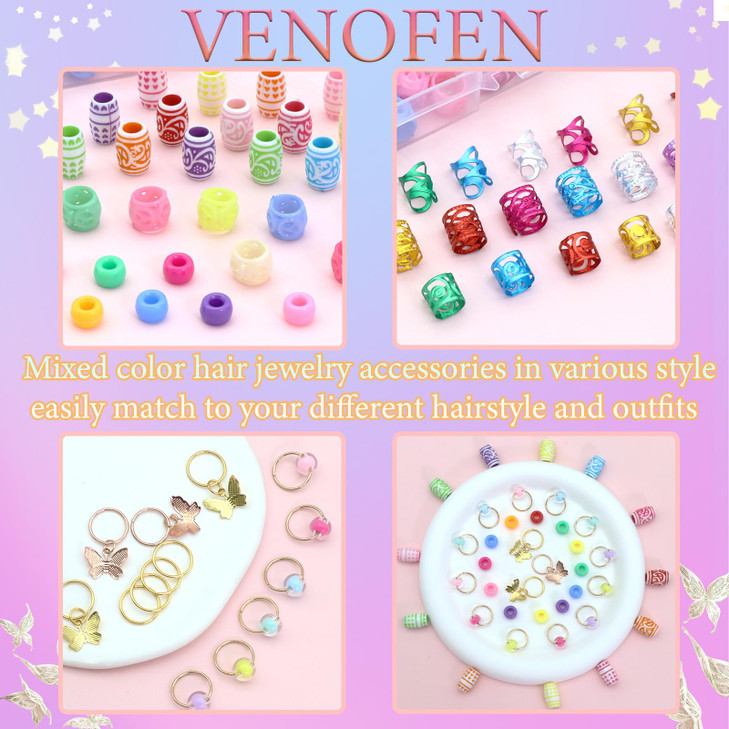 VENOFEN 247PCS Hair Jewelry for Braids Mixed Color Loc Dreadlock Beads Metal Alloy Hair Cuffs Rings Multi Style Braids A
