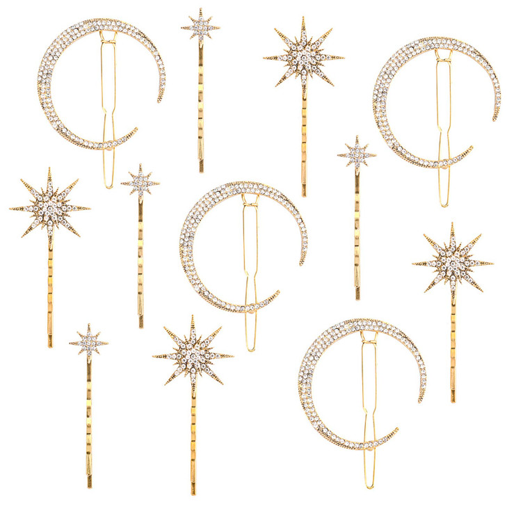 Hedume 12 Pack Stars and Moon Hair Clips Vintage Rhinestone Hair Pin Metal Alloy Diamondstudded Hair Accessories for Wom