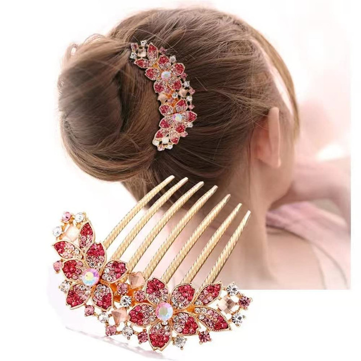 Aimimier Crystal Inlaid French Flower Hair Comb Sparkly Rhinestone Gem Side Combs Long Teeth Hair Pins Styling Hair Acce
