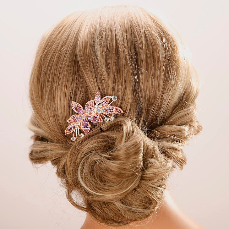 Aimimier Bridal Wedding Purple Crystal Hair Comb Flower Leaf Rhinestone Gem Side Combs Long Teeth Hair Pins Sparkly Hair