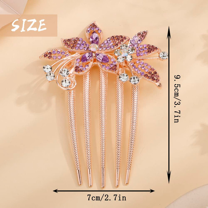 Aimimier Bridal Wedding Purple Crystal Hair Comb Flower Leaf Rhinestone Gem Side Combs Long Teeth Hair Pins Sparkly Hair