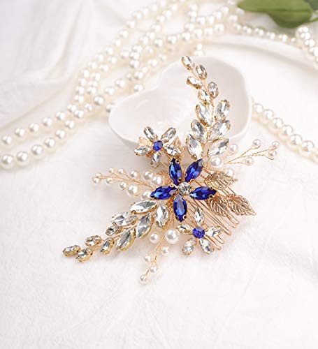 Aimimier Bridal Sapphire Crystal Hair Comb Pearl Blue Crystal Leaf Marquise Hair Piece Prom Party Festival Wedding Hair
