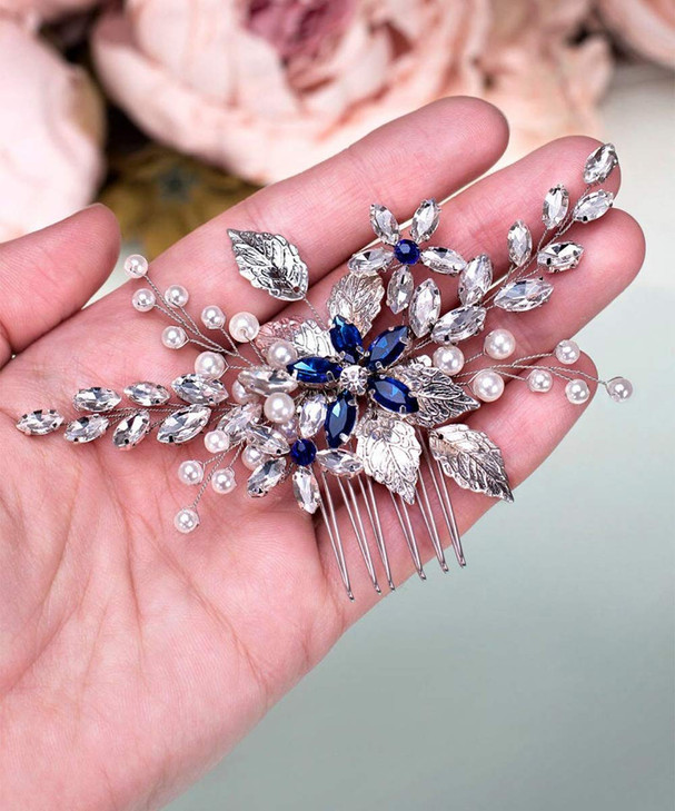 Aimimier Bridal Sapphire Crystal Hair Comb Pearl Blue Crystal Leaf Marquise Hair Piece Prom Party Festival Wedding Hair