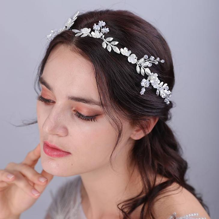 Aimimier Boho Bridal Flower Leaf Headband Crystal Pearl Hair Vine Handmade Wedding Bridesmaid Headpiece Party Festival H