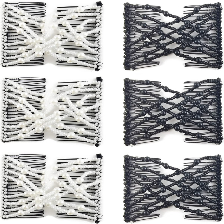 NSBELL 6PCS Beads Hair Combs Magic Elastic Hair Clips Stretchy Hair Comb Double Clips for Women Girls Hair Accessory