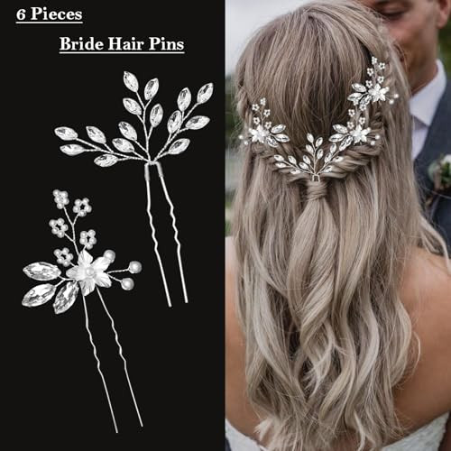 6 Pieces Bride Hair Pins Rhinestones Hair Accessories for Women Bride Hair Accessories for Wedding Crystal Wedding Hair
