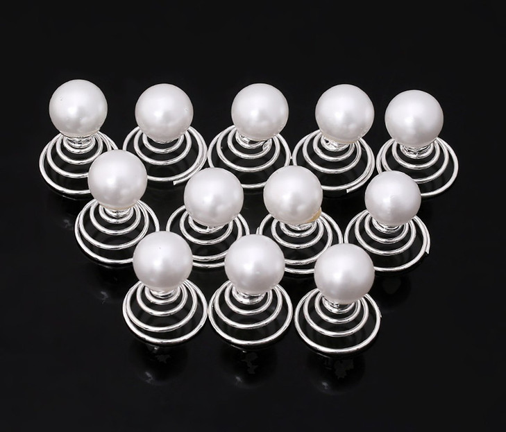 24PCS Rhinestones Crystal Spirals Hair Pin Clip Imitation Pearl Spin Pin Swirl Hair Twists Coils Hairpin Bun Stick Pick