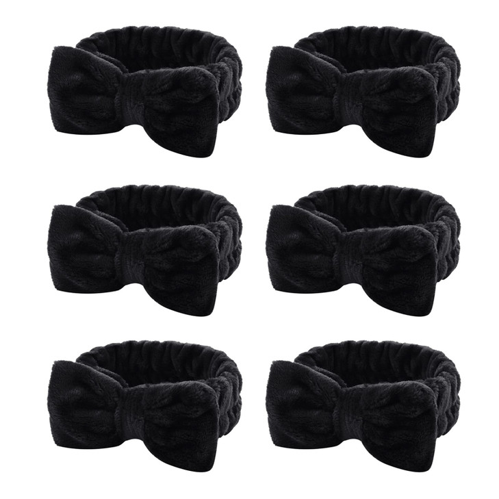 Casoty 6 Pcs Black Spa Headband Bow Hair Band Hair Band for Washing Face Fuzzy Headbands for Women Girls Soft Coral Flee