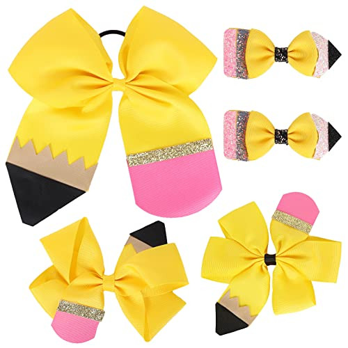 Whaline 5Pcs Back to School Yellow Pencil Hair Bow Clips Ponytail Holder Jumbo Ribbon Grosgrain Hairgrips Cheer Hair Bow