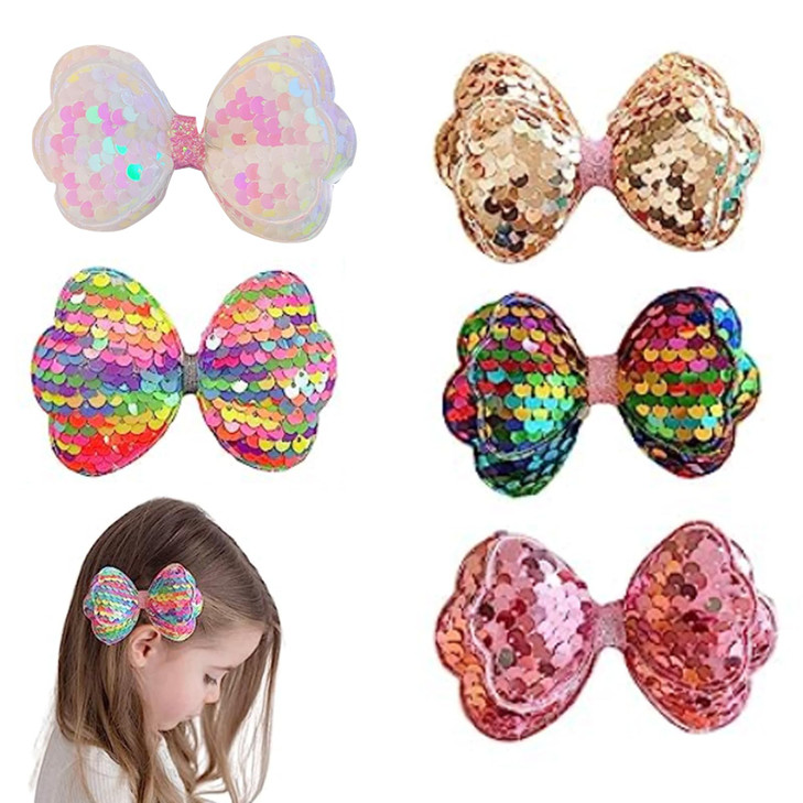AsggBah 5pcs Colored Hair Alligator Clips with Bling Sequins Festival Party Hair Bows Clips Hair Accessories for Girls K