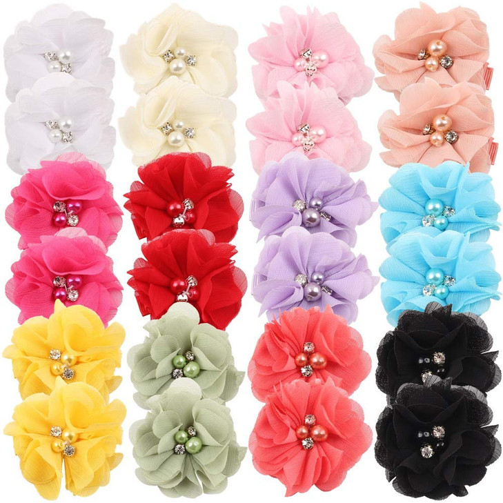 24 Pcs Hair Clips 2 Inches Chiffon Flower Alligator Hair Clips Rhinestone Pearl Hair Barrettes Hairpins Hair Accessories