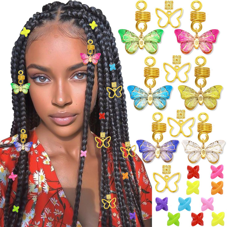 SAWINDA 20Pcs Hair Jewelry for Braids Gold Butterfly Pendant Dreaklock Accessories Loc Tube Bead Braid Accessories Handm