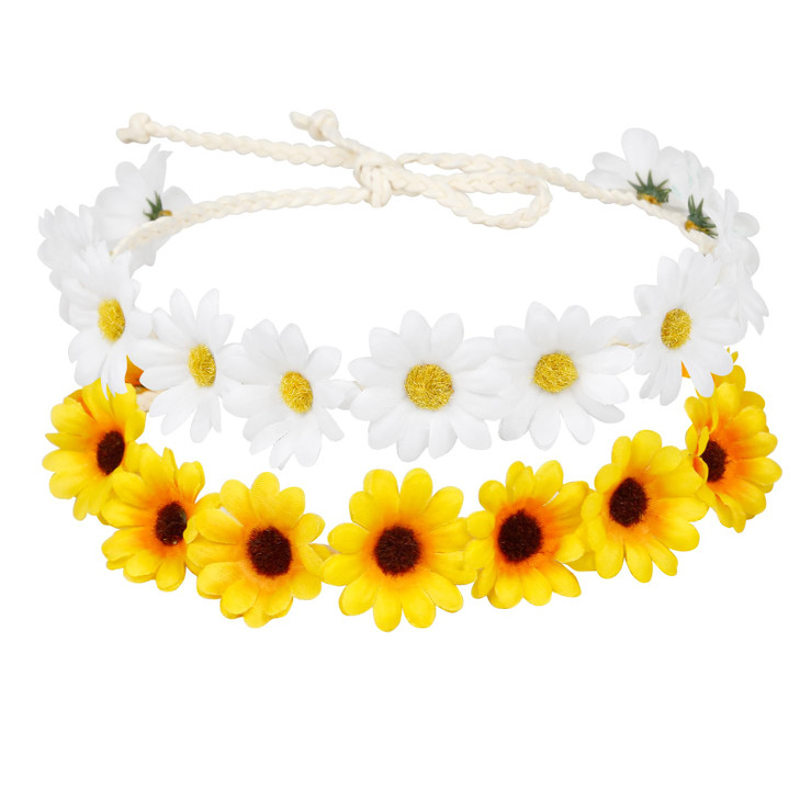 WOVOWOVO 2 Packs Daisy Flower Crown Headbands For Women Baby Girl Sunflower Hippie Hair Accessories Fall Floral Crowns H