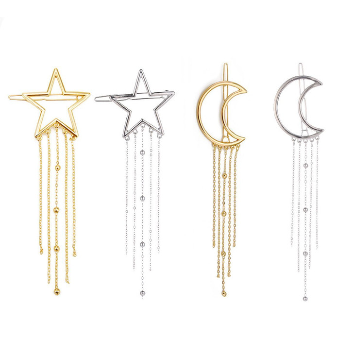 Numblartd 4 Pcs Fashion Metal Alloy Geometric Stars Moon Tassel Hair Clip Pins Women Hollow Side Clip Hairpin Barrettes