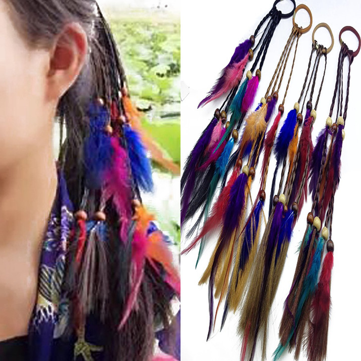 4PCS Women Lady Handmade Boho Hippie Hair Rope Head Wrap Hair Band Headbands Elastics Feather Hair Tie Ponytail Holders