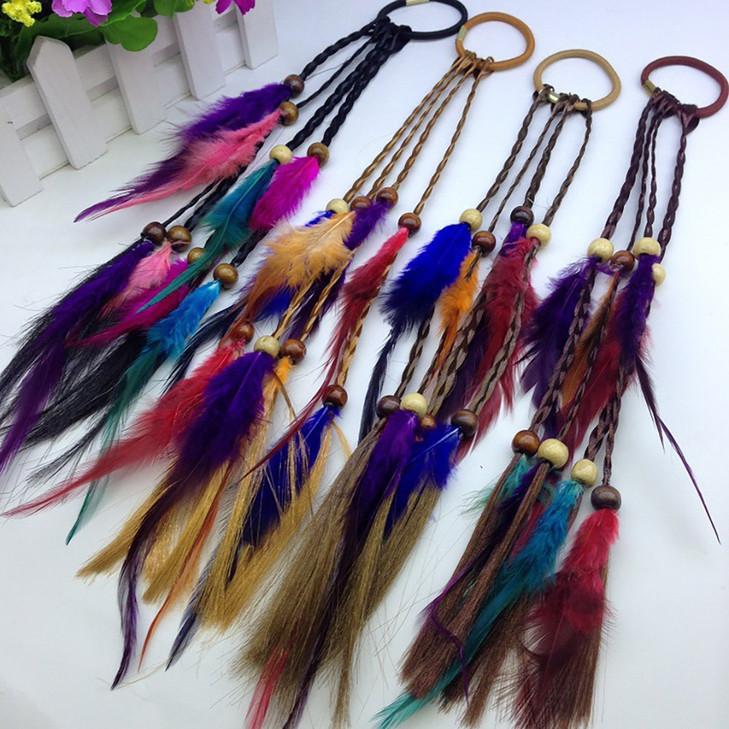 4PCS Women Lady Handmade Boho Hippie Hair Rope Head Wrap Hair Band Headbands Elastics Feather Hair Tie Ponytail Holders