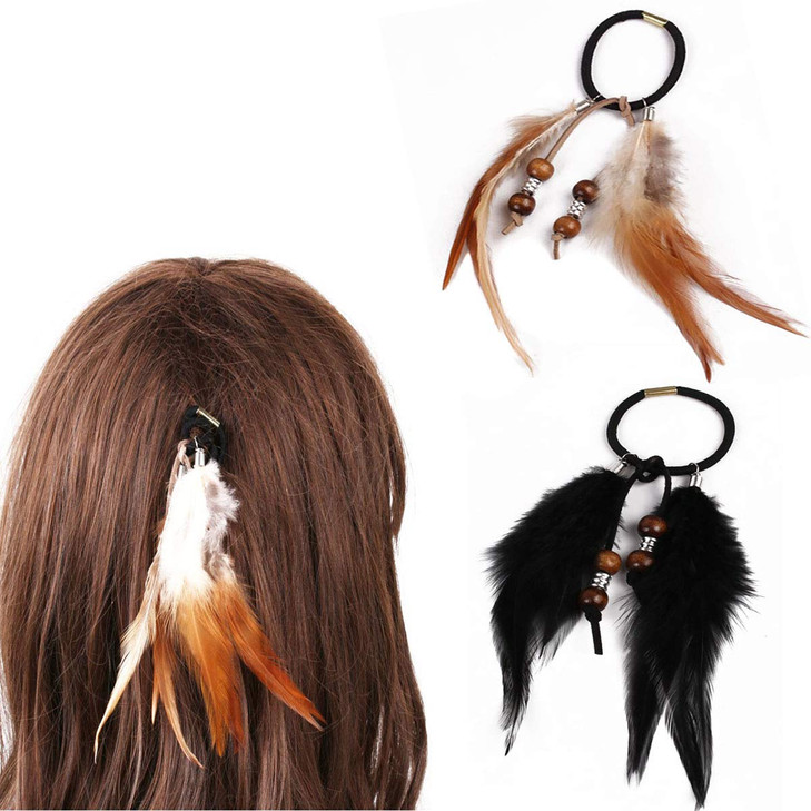 4PCS Women Lady Girls Handmade Bohemia Hair Rope Head Wrap Hair Band Headbands Elastics Feather Hair Tie Ponytail Holder