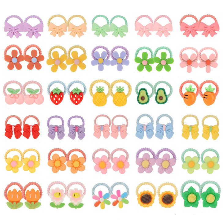 YISSION 60PCS Cute Hair Ties for Girls Colorful Elastics Hair Ties with Cartoon Flowers Bow Fruits Soft Rubber Bands Tod