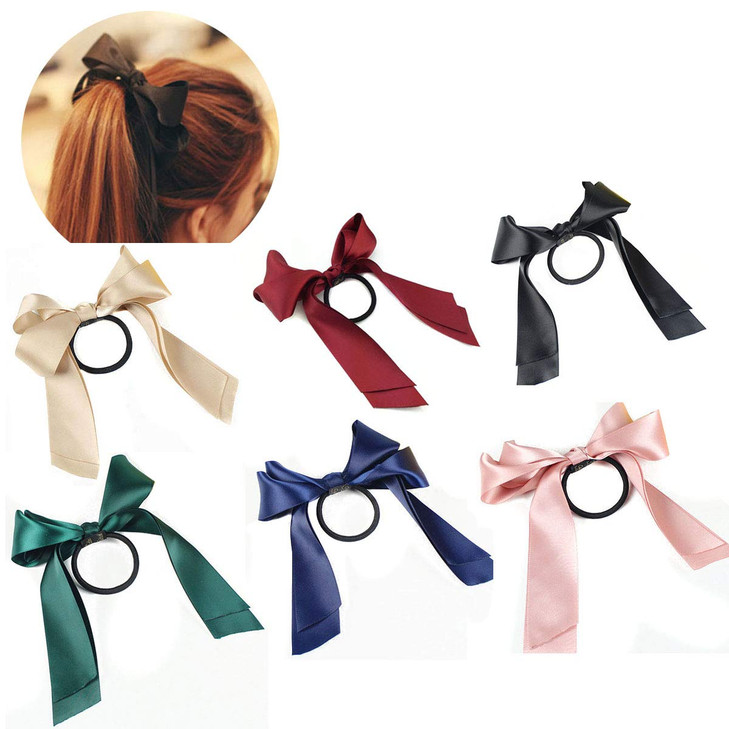 6 PCS Women Lady Satin Ribbon Bow Hair Rope Head Wrap Headbands Elastics Hair Tie Ponytail Holders Hair Accessories Head