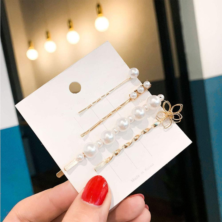 WHITEBRIDGE 12pcs Vintage Pearl Hair Bobby Pins Metallic Flower Barrettes Combination Hair Clips for Women Girls Shiny C