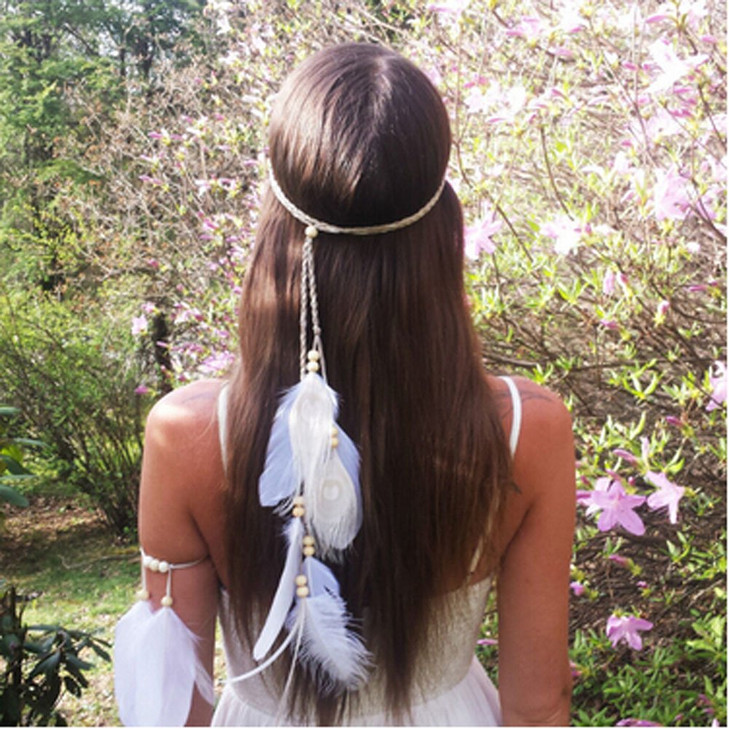 Suoirblss Set of 2 White Bohemian Feather Tassels Headband with Armband Gypsy Hippie Peacock Headwear Headdress Woman Fa