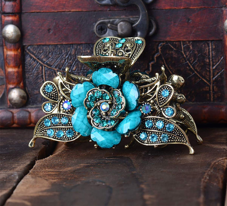 Women Retro Rose Flower Hair Claw Imitation Turquoise Fancy Jaw Clips Pins Fashion Alloy Rhinestone Hair Catch Barrette