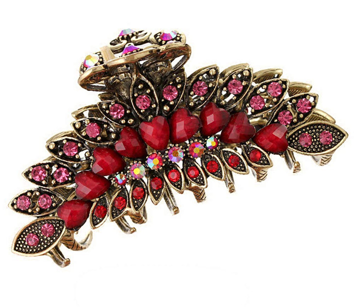Women Lady Retro Flowers Hair Claw Clip Vintage Alloy Rhinestone NonSlip Hair Jaw Clips Hairpin Large Hair Updo Grip Bat