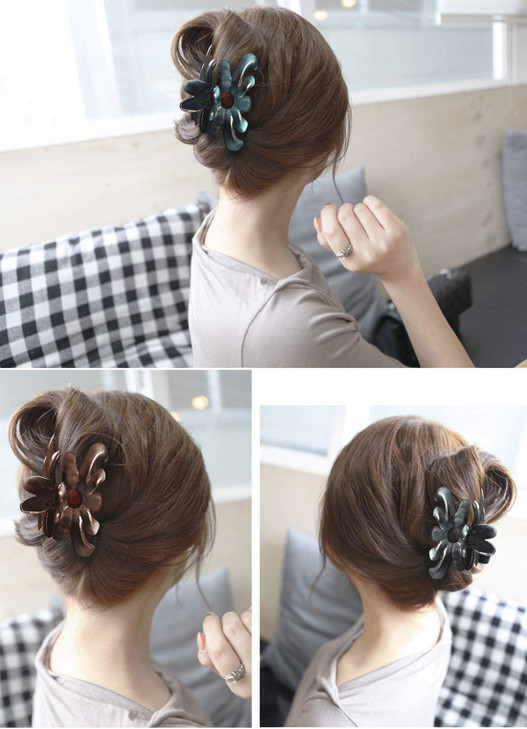 Women Elegant Flower Hair Clips Crystal Plastic Hair Claw Chic Styling Grab Clip Hairpin Hairgrip Hair Accessories Grey