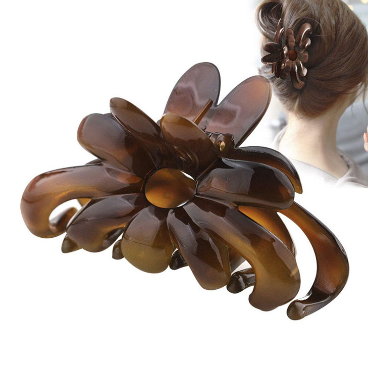 Women Elegant Flower Hair Clips Crystal Plastic Hair Claw Chic Styling Grab Clip Hairpin Hairgrip Hair Accessories Brown