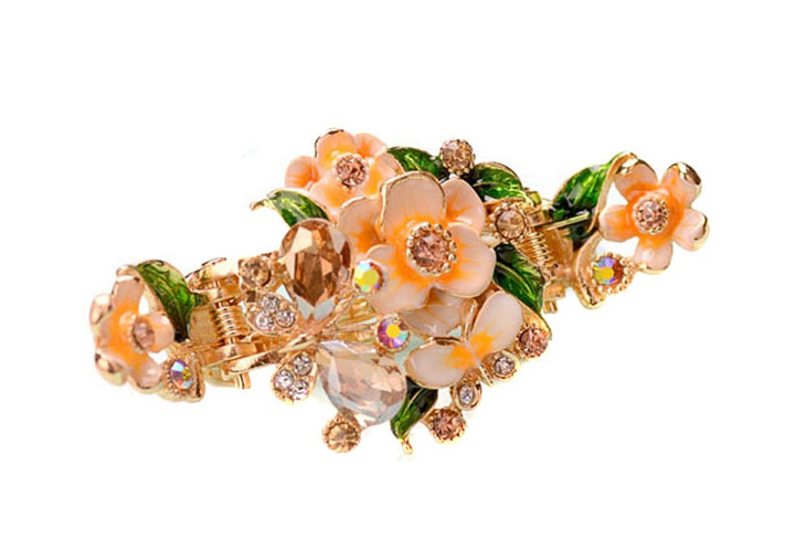 Rhinestone Metal Hair Claw on Dual Spring Vintage Enamel Painted Flowers Shiny Crystals Headdress Hair Clips Alloy Crab