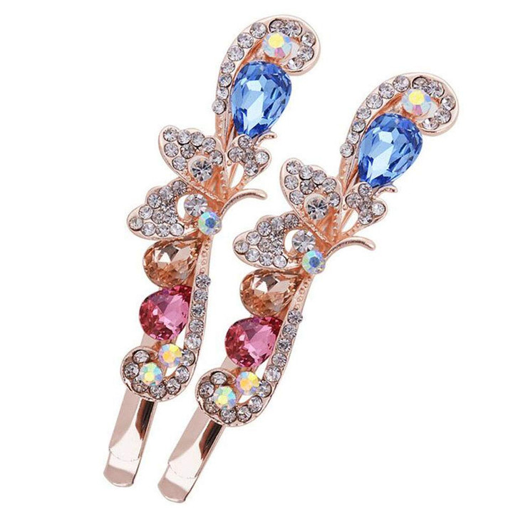2PCS Rhinestone Flower Hair Clips Butterfly Graphics Hairpin Side Clip Barrette Bobby Pin Hair Accessories for Women Lad