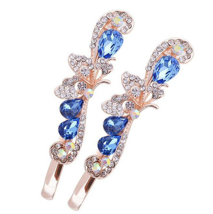 2PCS Rhinestone Flower Hair Clips Butterfly Graphics Hairpin Side Clip Bobby Pin Hair Accessories for Women Lady Blue