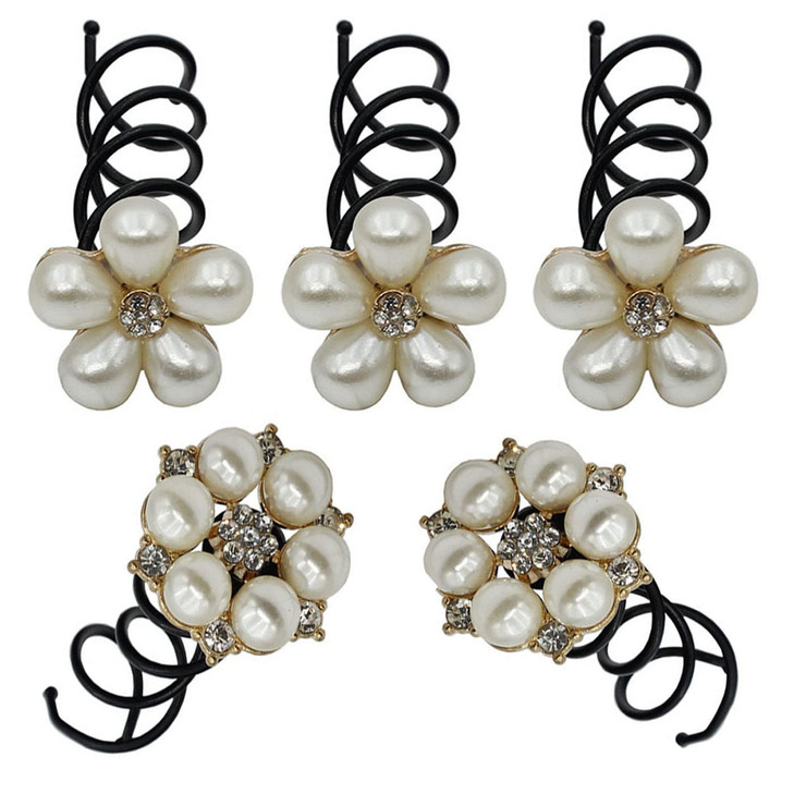 5PCS Imitation Pearl Spiral Twist Screw Hair Pins Rhinestone Flower Hair Clips Spiral Bobby Pins Hair Bun Styling Tool H
