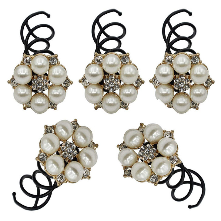 5PCS Imitation Pearl Spiral Twist Screw Hair Pins Rhinestone Flower Hair Clips Spiral Bobby Pins Hair Bun Styling Tool H