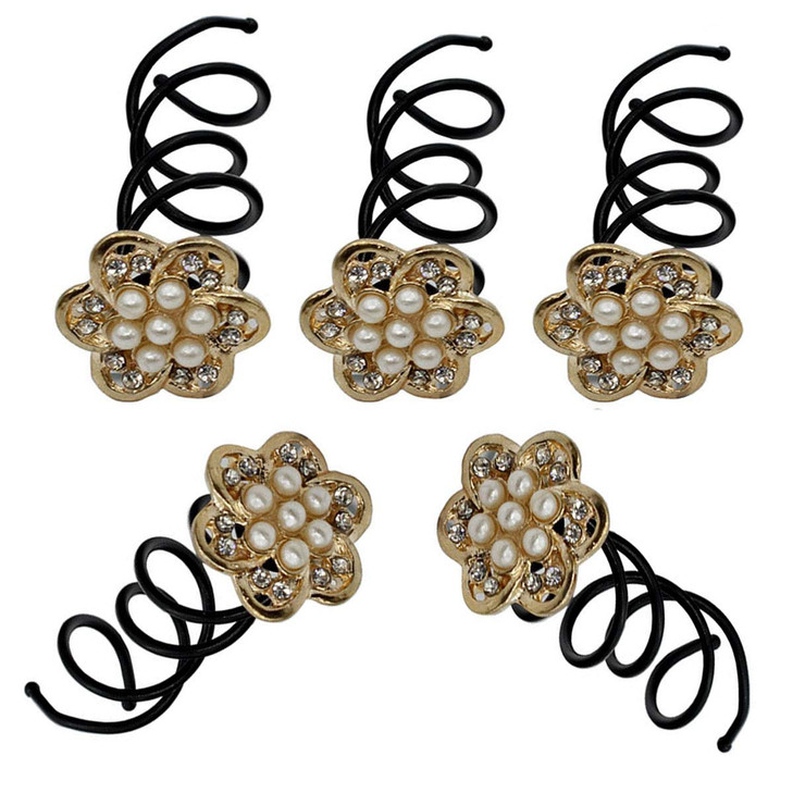 5PCS Imitation Pearl Spiral Twist Screw Hair Pins Rhinestone Flower Hair Clips Spiral Bobby Pins Hair Bun Styling Tool H