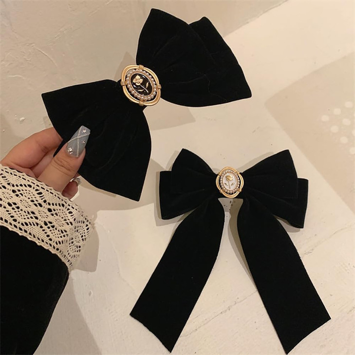 2 Pcs Velvet Hair Bows Black Ribbon Clips Cute Duckbill Clip Hair Decor Rose pearl Elegant Design for Long and Short Hai