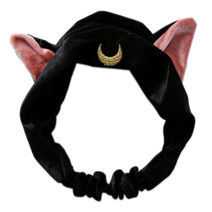 Moon Cat Ears Makeup Cosmetic Shower Elastic Hair Band Headband for Women Men Girls Head Wrap Accessories TS12 Black