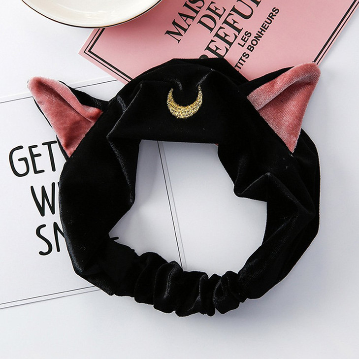 Moon Cat Ears Makeup Cosmetic Shower Elastic Hair Band Headband for Women Men Girls Head Wrap Accessories TS12 Black