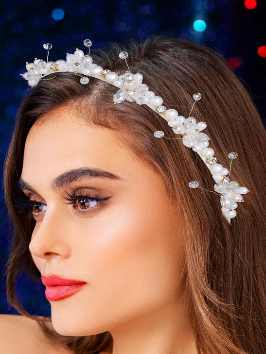 Urieo Pearl Head Band Crystal White Hair Bands Thin Headband Party Hairhoops Hair Accessories for Women