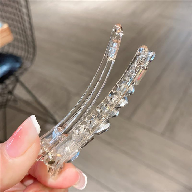 2 Pcs 30 Inch Shiny Clear Spike Alligator Duck Bill Hair Clips Crystal Hair Barrette Clip Sparkle Stones Duckbill Bobby