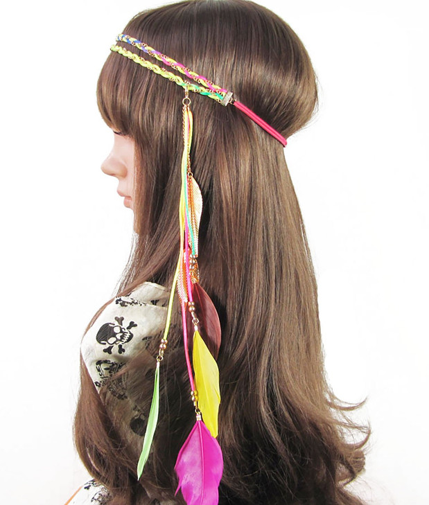 Women Lady Bohemian Double Braided Headband Tassels Hairband Headwear Hippie Feather Headband Hair Hoop Handmade Indian